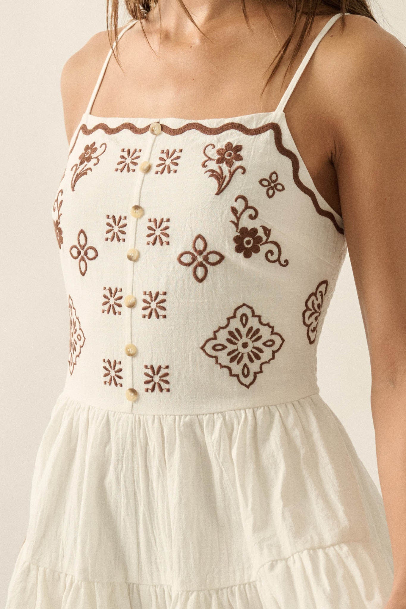 Embroidered Garden Cotton Tiered Ruffle Romper