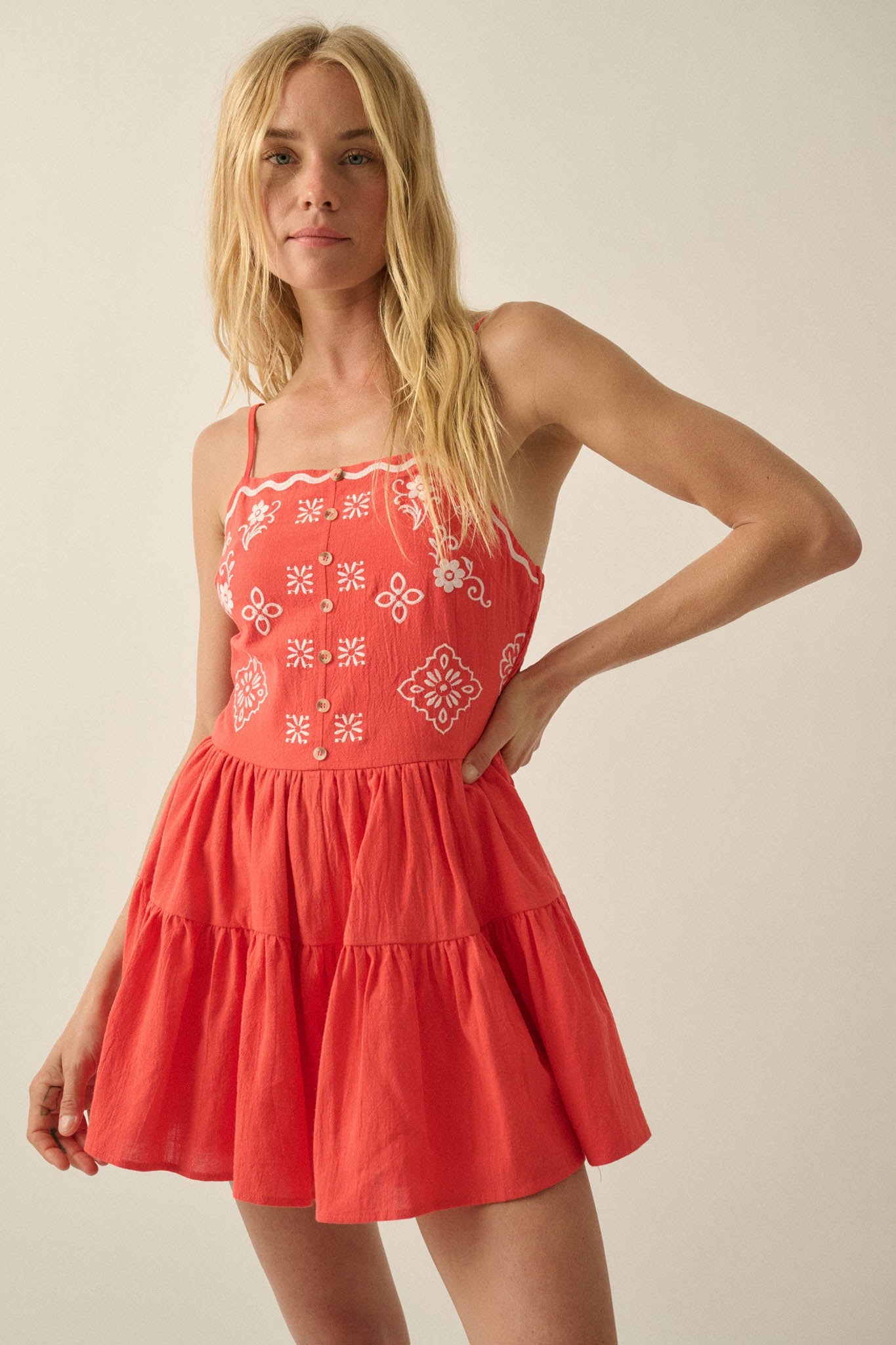 Embroidered Garden Cotton Tiered Ruffle Romper