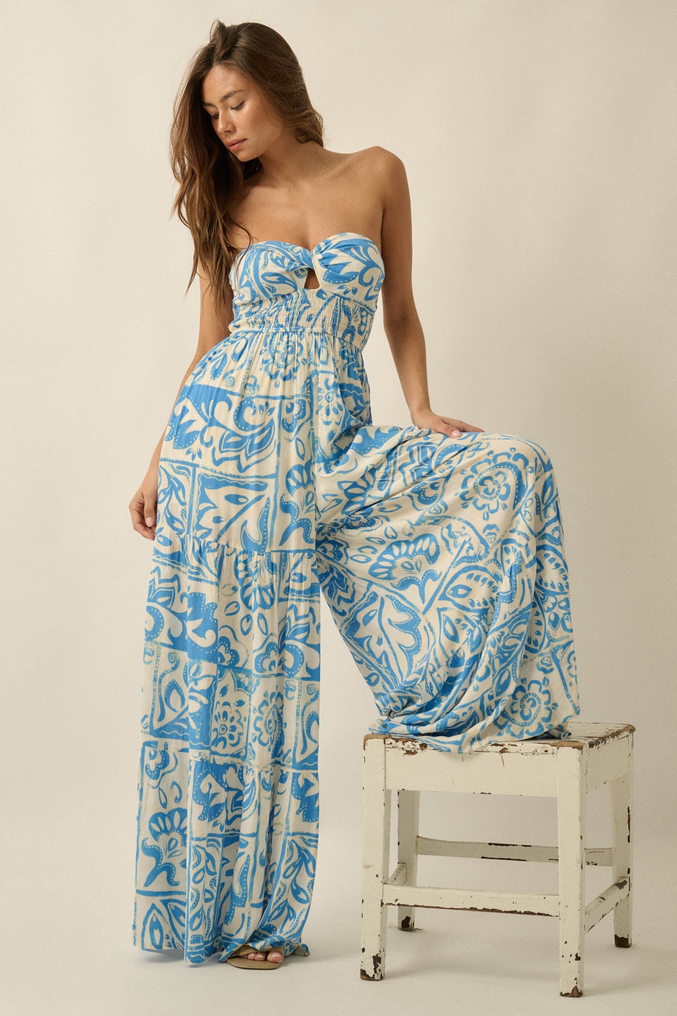 Nomad Days Abstract Floral-Print Strapless Jumpsuit