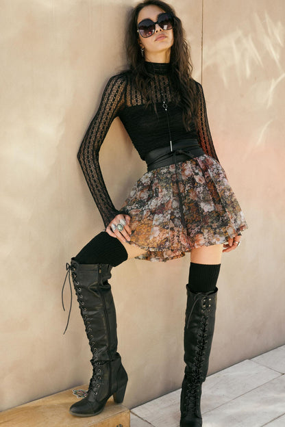 Blossoming Autumn Floral Organza Pleated Skort