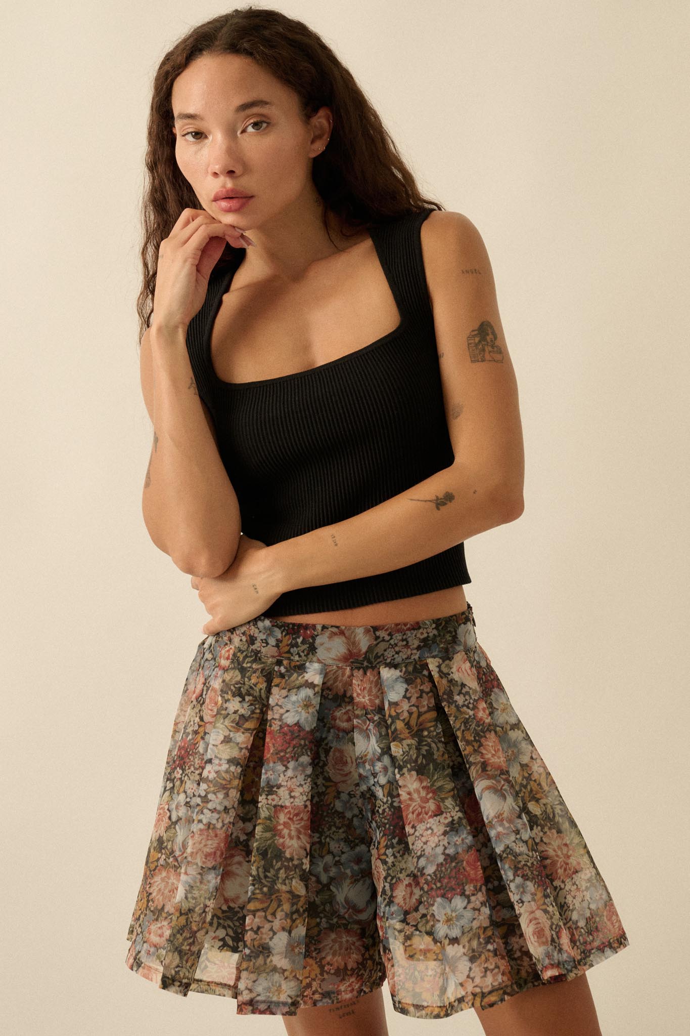 Blossoming Autumn Floral Organza Pleated Skort
