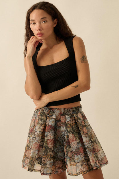 Blossoming Autumn Floral Organza Pleated Skort