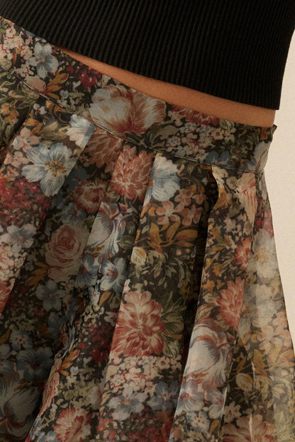 Blossoming Autumn Floral Organza Pleated Skort
