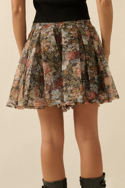 Blossoming Autumn Floral Organza Pleated Skort