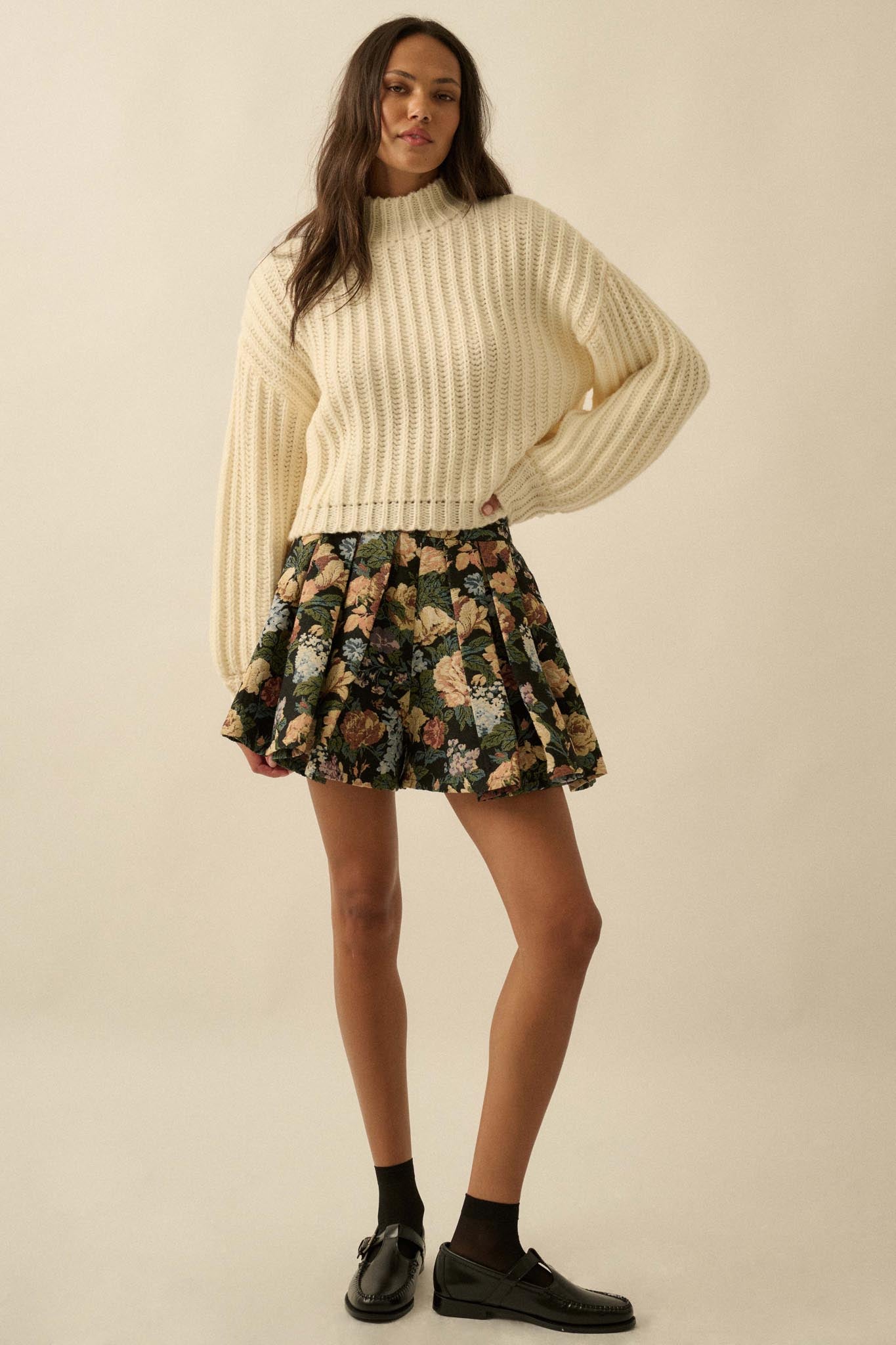 Blooming Threads Floral Tapestry Pleated Mini Skort