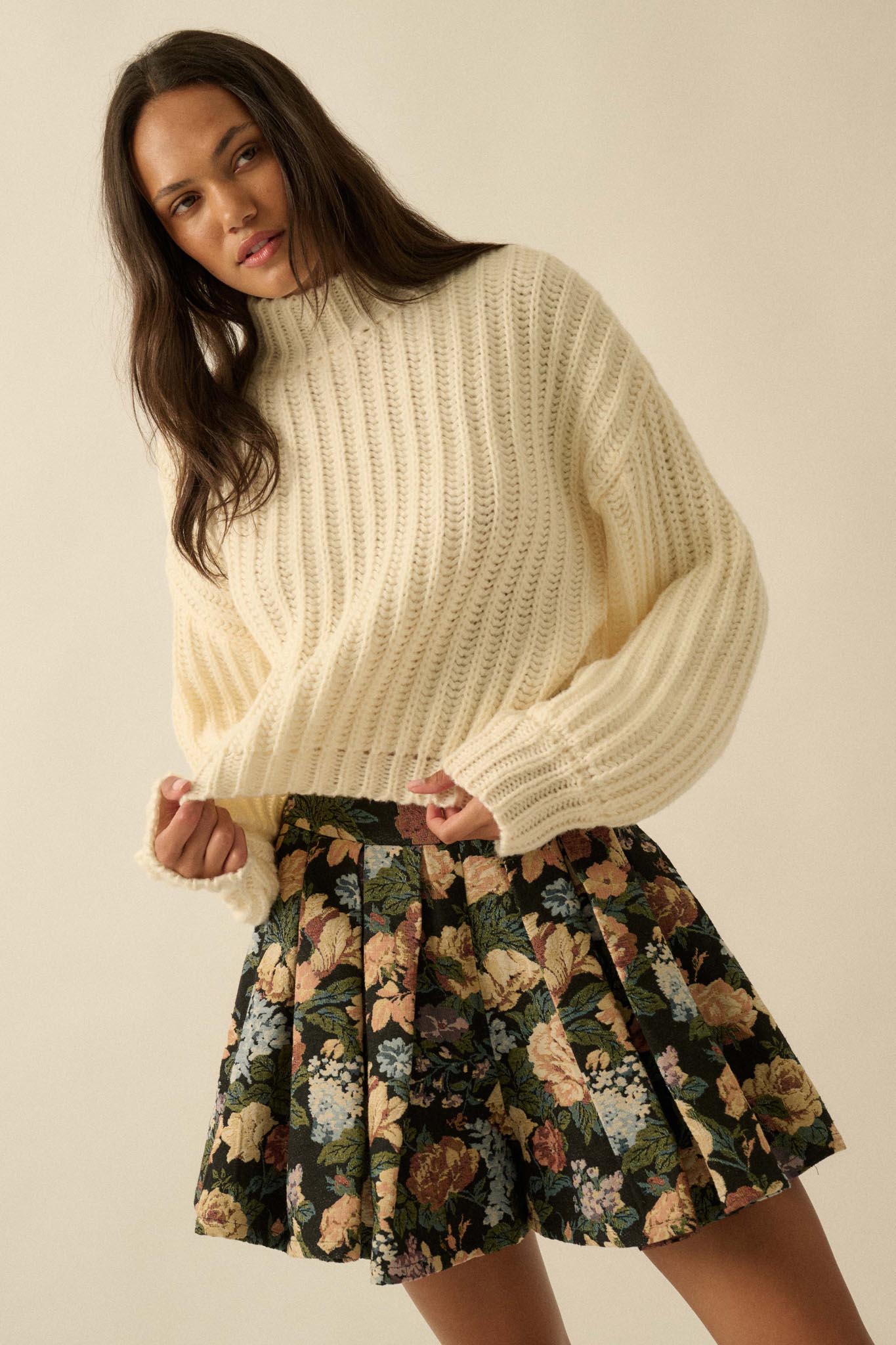 Blooming Threads Floral Tapestry Pleated Mini Skort