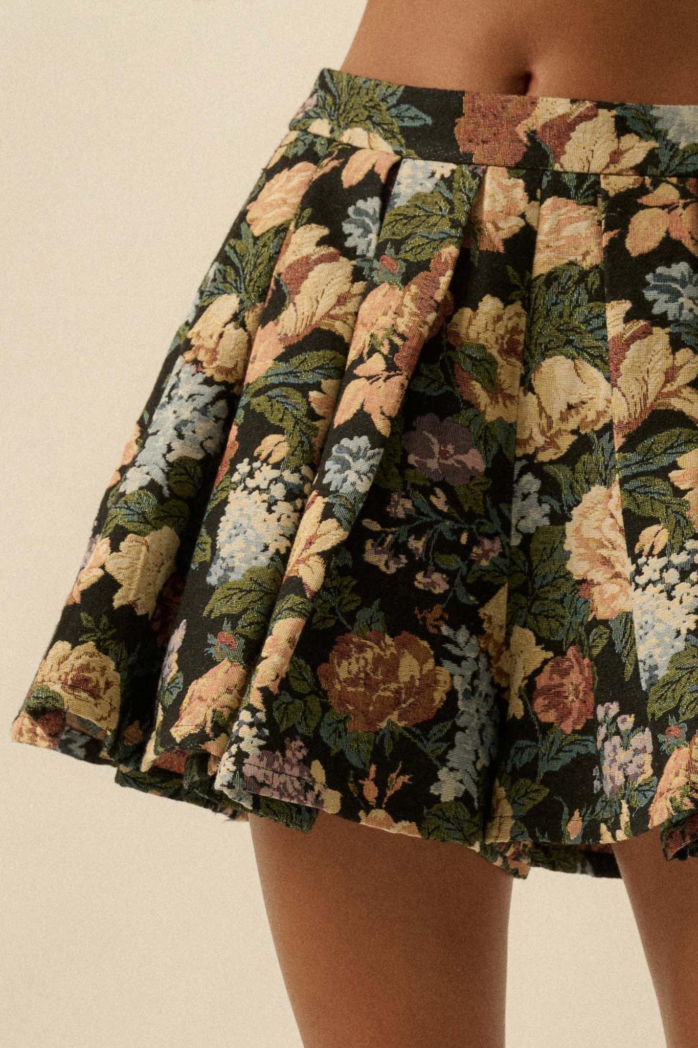Blooming Threads Floral Tapestry Pleated Mini Skort