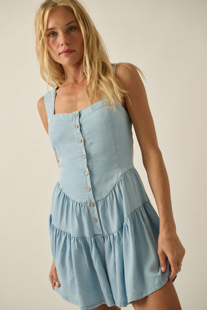 Sky High Denim Button-Front Tiered Ruffle Romper