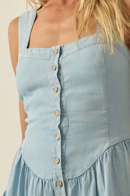 Sky High Denim Button-Front Tiered Ruffle Romper