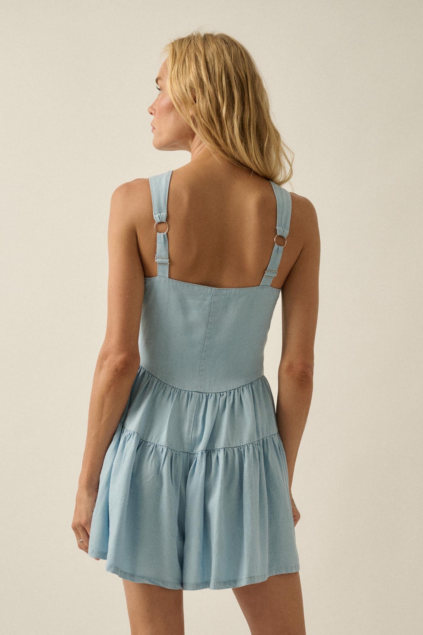 Sky High Denim Button-Front Tiered Ruffle Romper