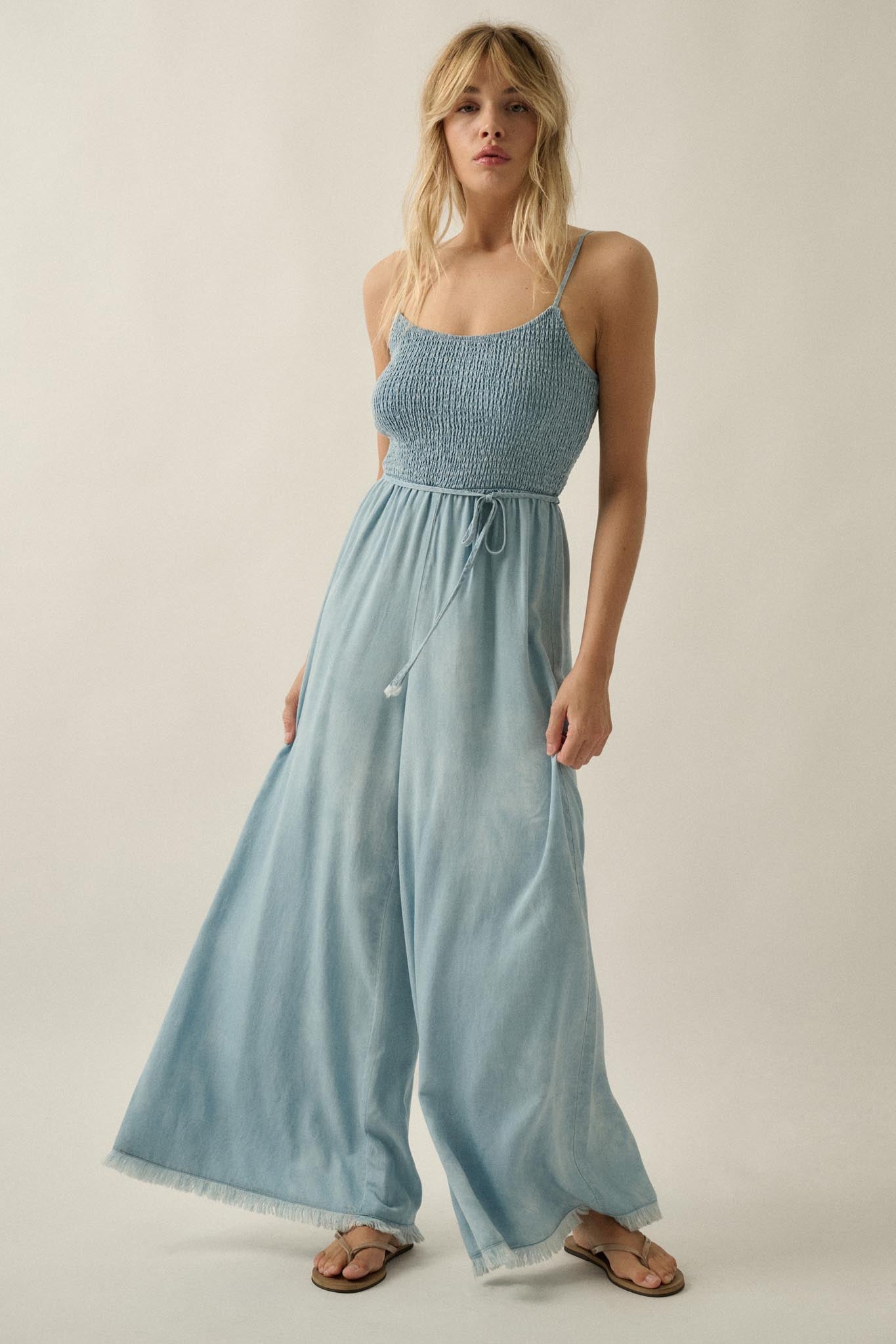 Clear Skies Smocked Denim Wide-Leg Cami Jumpsuit