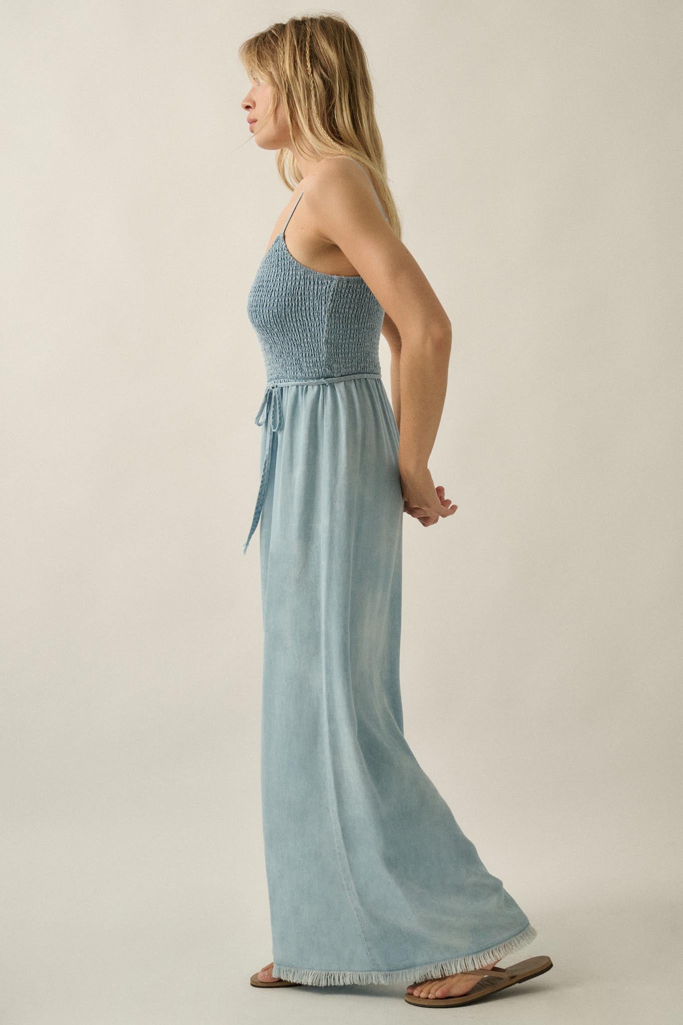 Clear Skies Smocked Denim Wide-Leg Cami Jumpsuit