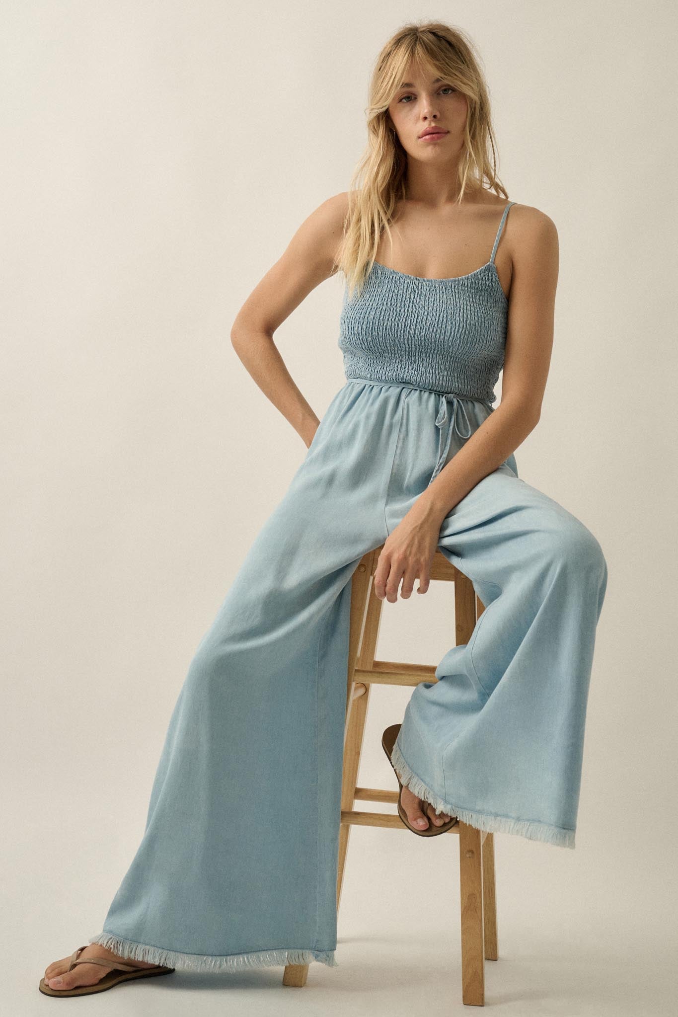 Clear Skies Smocked Denim Wide-Leg Cami Jumpsuit