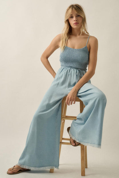 Clear Skies Smocked Denim Wide-Leg Cami Jumpsuit