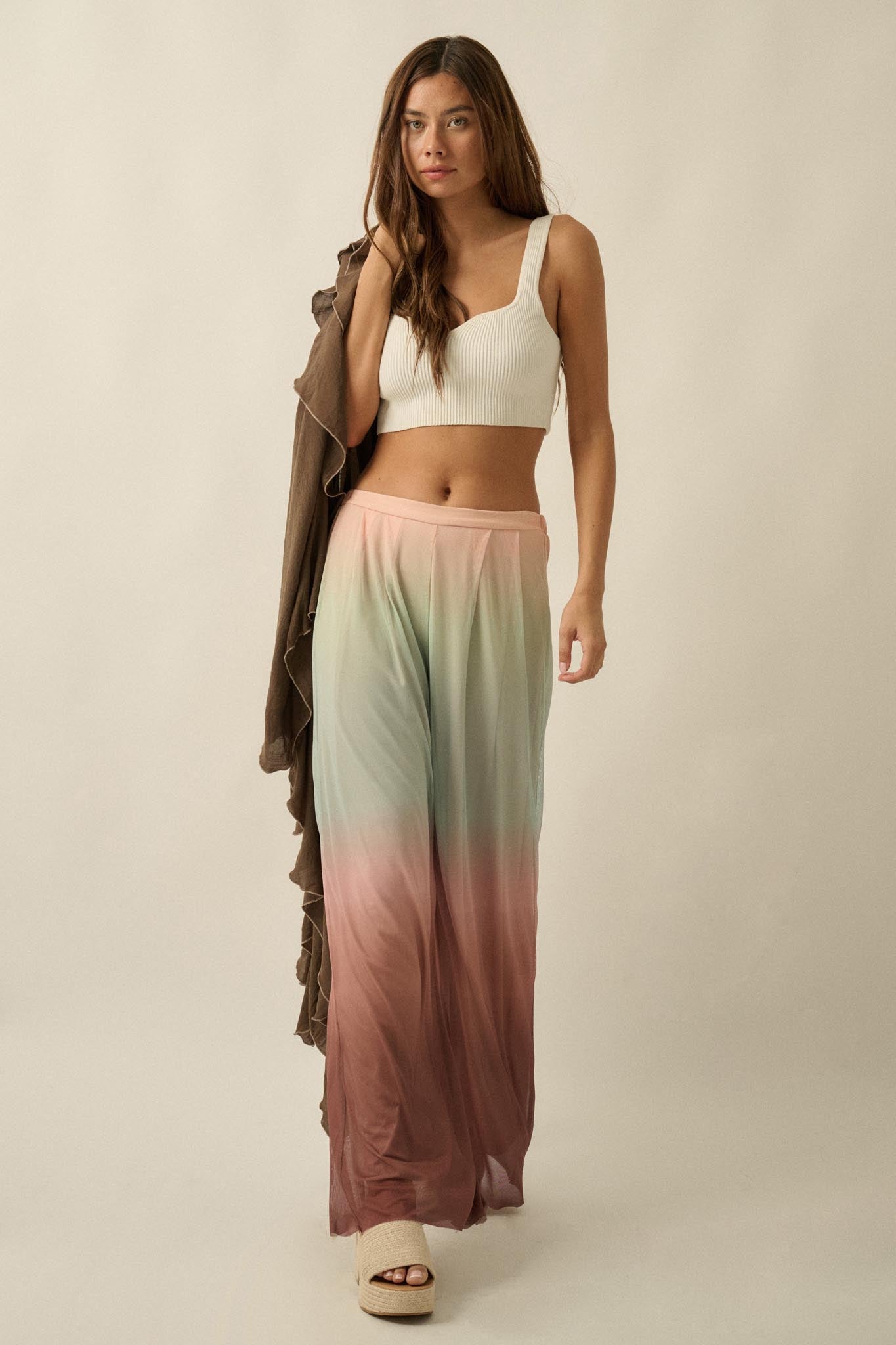 Soft Sunset Ombre Mesh Pleated Wide-Leg Pants