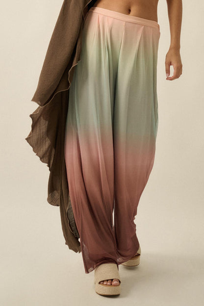 Soft Sunset Ombre Mesh Pleated Wide-Leg Pants