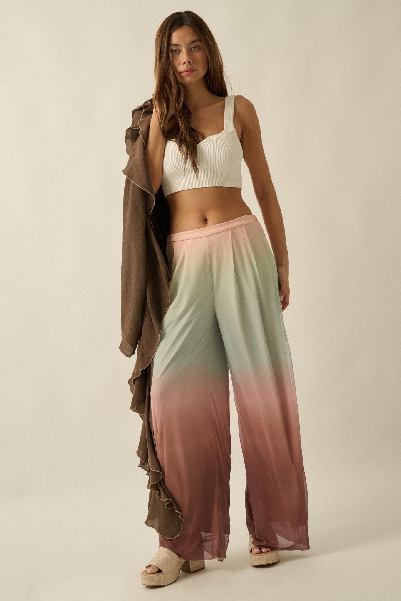 Soft Sunset Ombre Mesh Pleated Wide-Leg Pants