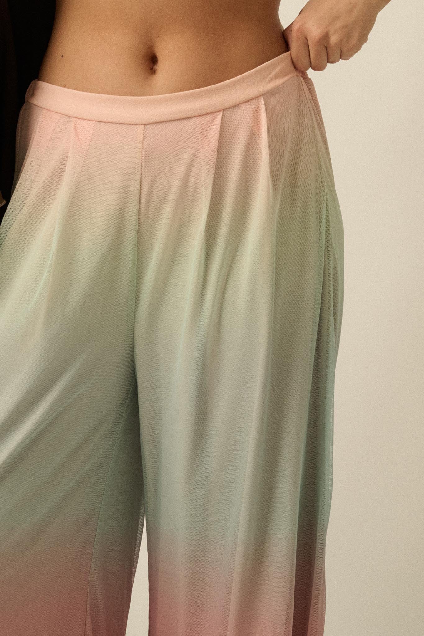Soft Sunset Ombre Mesh Pleated Wide-Leg Pants