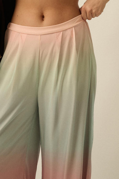 Soft Sunset Ombre Mesh Pleated Wide-Leg Pants