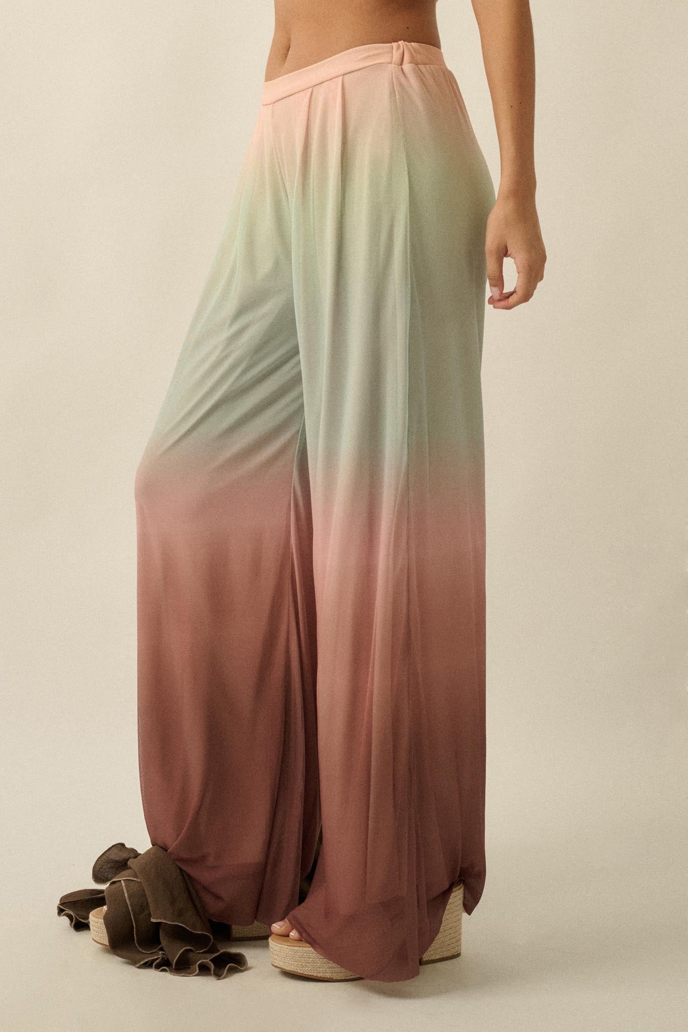 Soft Sunset Ombre Mesh Pleated Wide-Leg Pants
