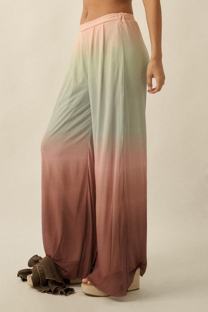 Soft Sunset Ombre Mesh Pleated Wide-Leg Pants