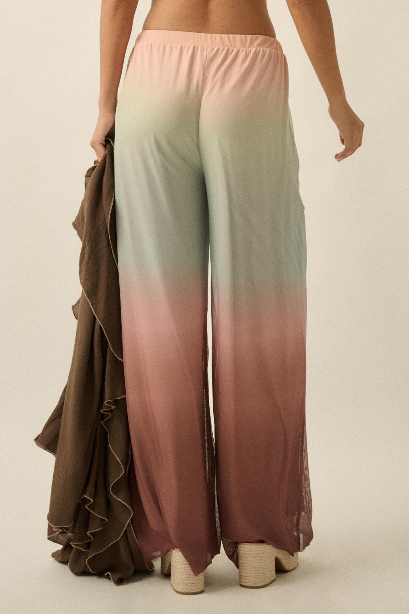 Soft Sunset Ombre Mesh Pleated Wide-Leg Pants