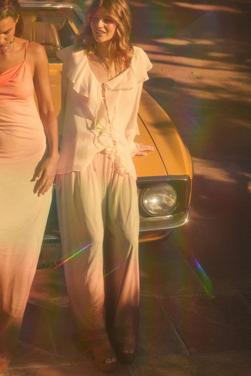 Soft Sunset Ombre Mesh Pleated Wide-Leg Pants