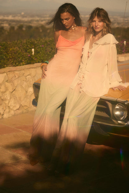 Soft Sunset Ombre Mesh Pleated Wide-Leg Pants