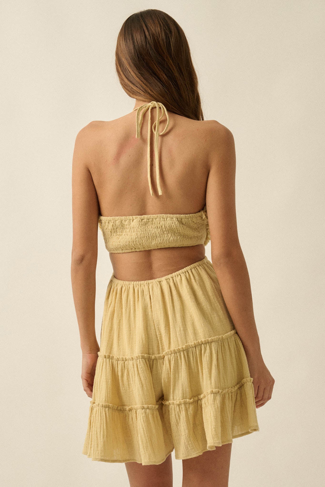 Breathe Free Cotton Gauze Ruffle Halter Romper