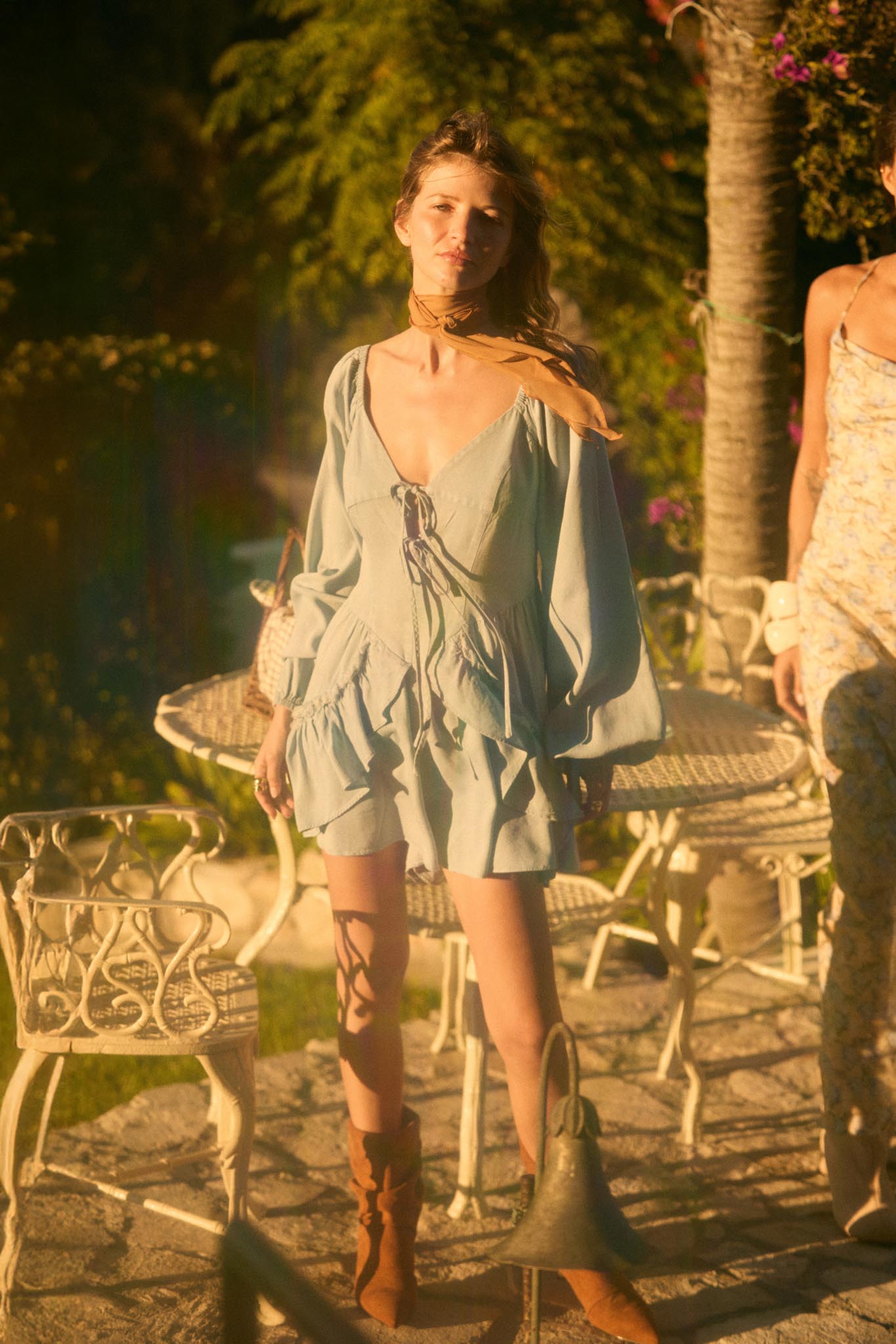 Bright Sky Ruffled Denim Tie-Front Romper