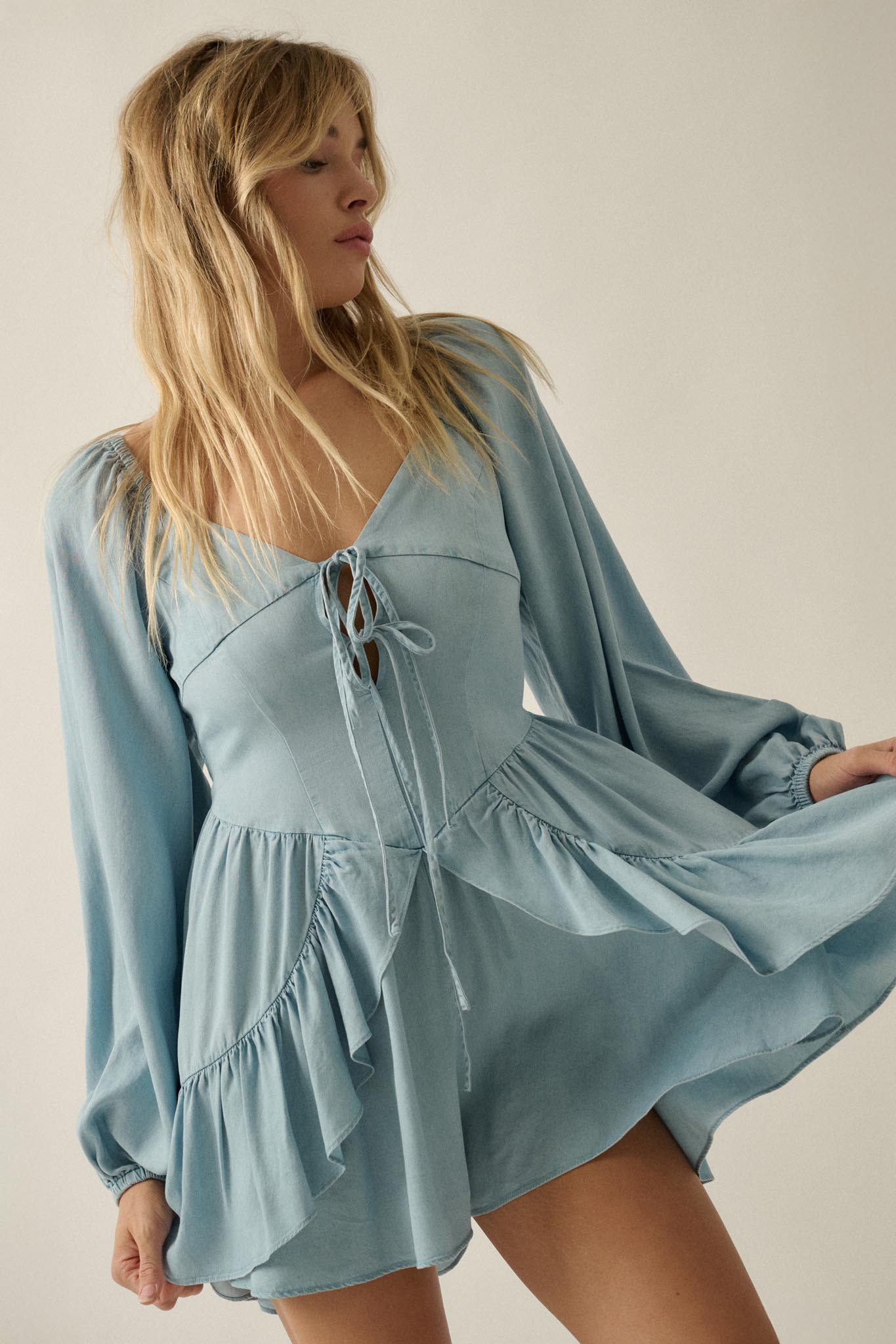 Bright Sky Ruffled Denim Tie-Front Romper
