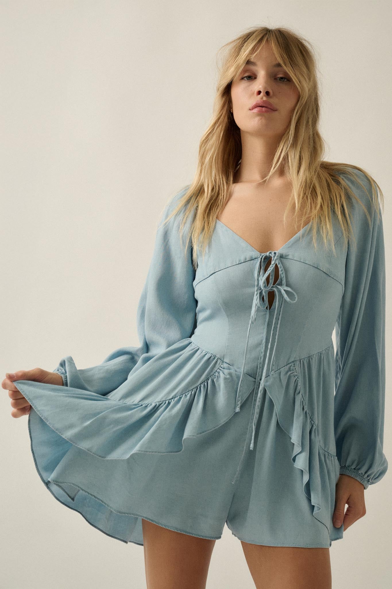 Bright Sky Ruffled Denim Tie-Front Romper