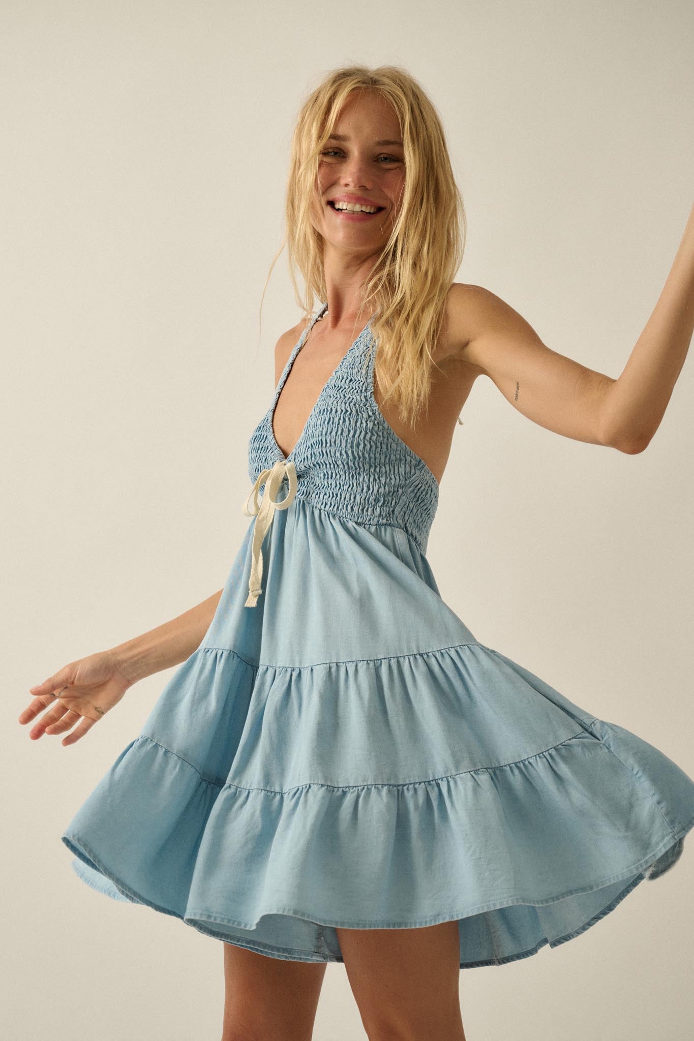 Denim Doll Smocked Tiered Halter Romper