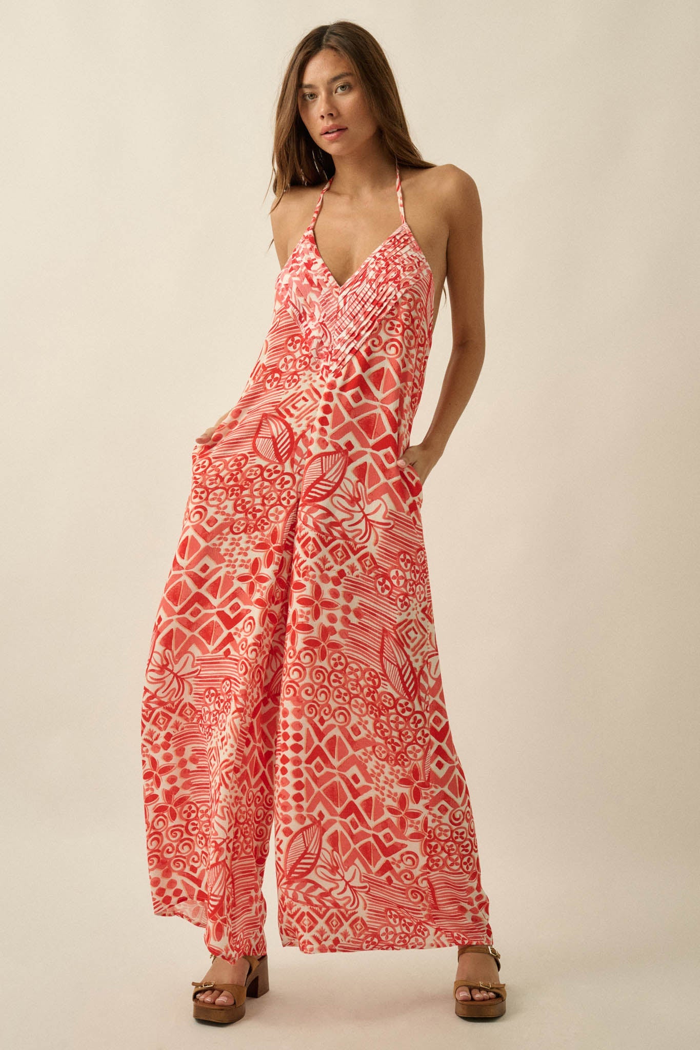 Dream Voyage Batik-Print Wide-Leg Halter Jumpsuit
