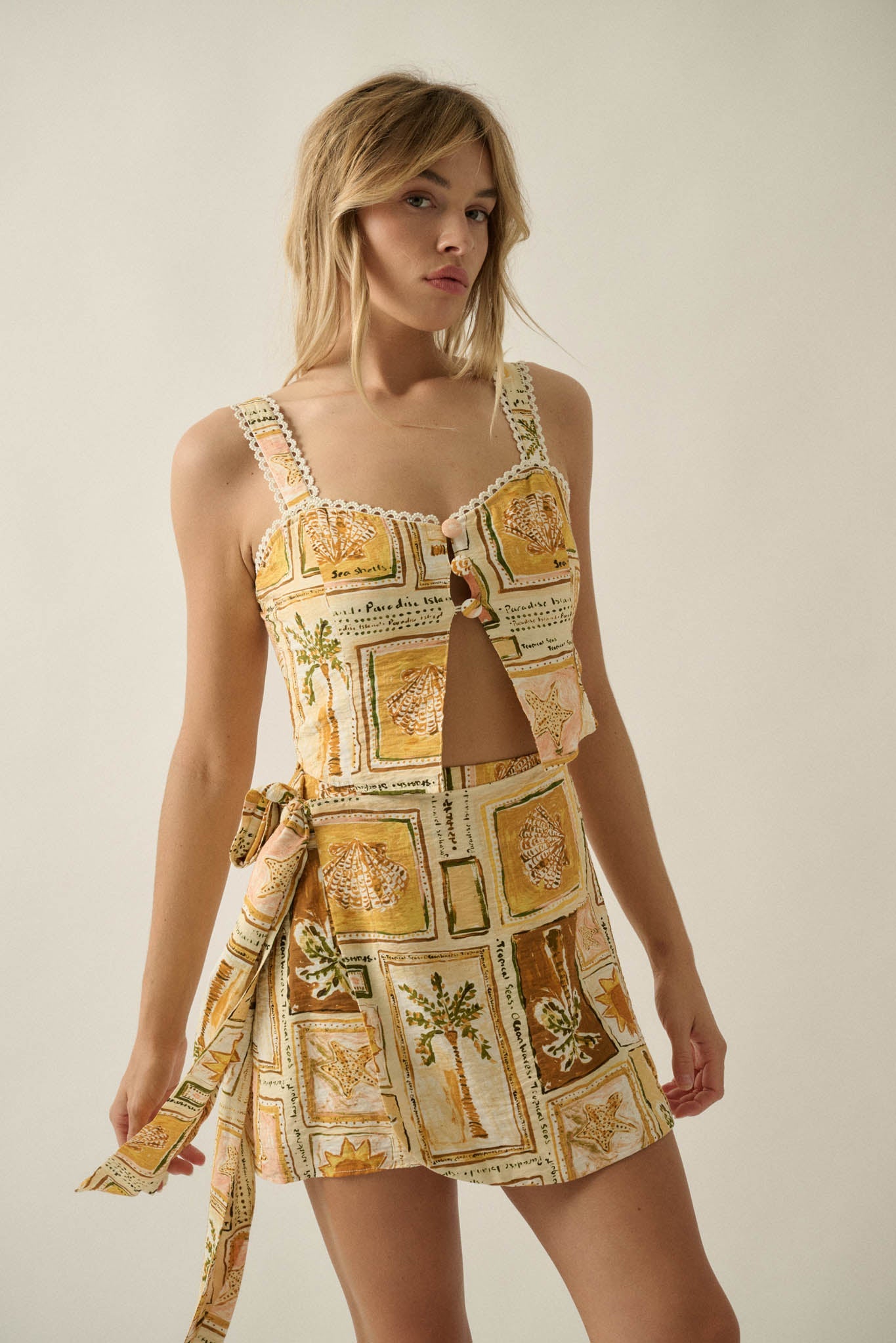 Lost in Paradise Tropical-Print Wrap Mini Skort