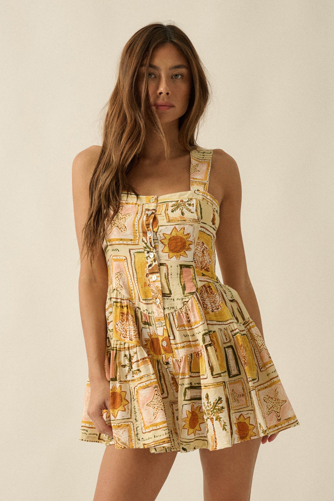 Paradise Bound Tropical-Print Tiered Ruffle Romper