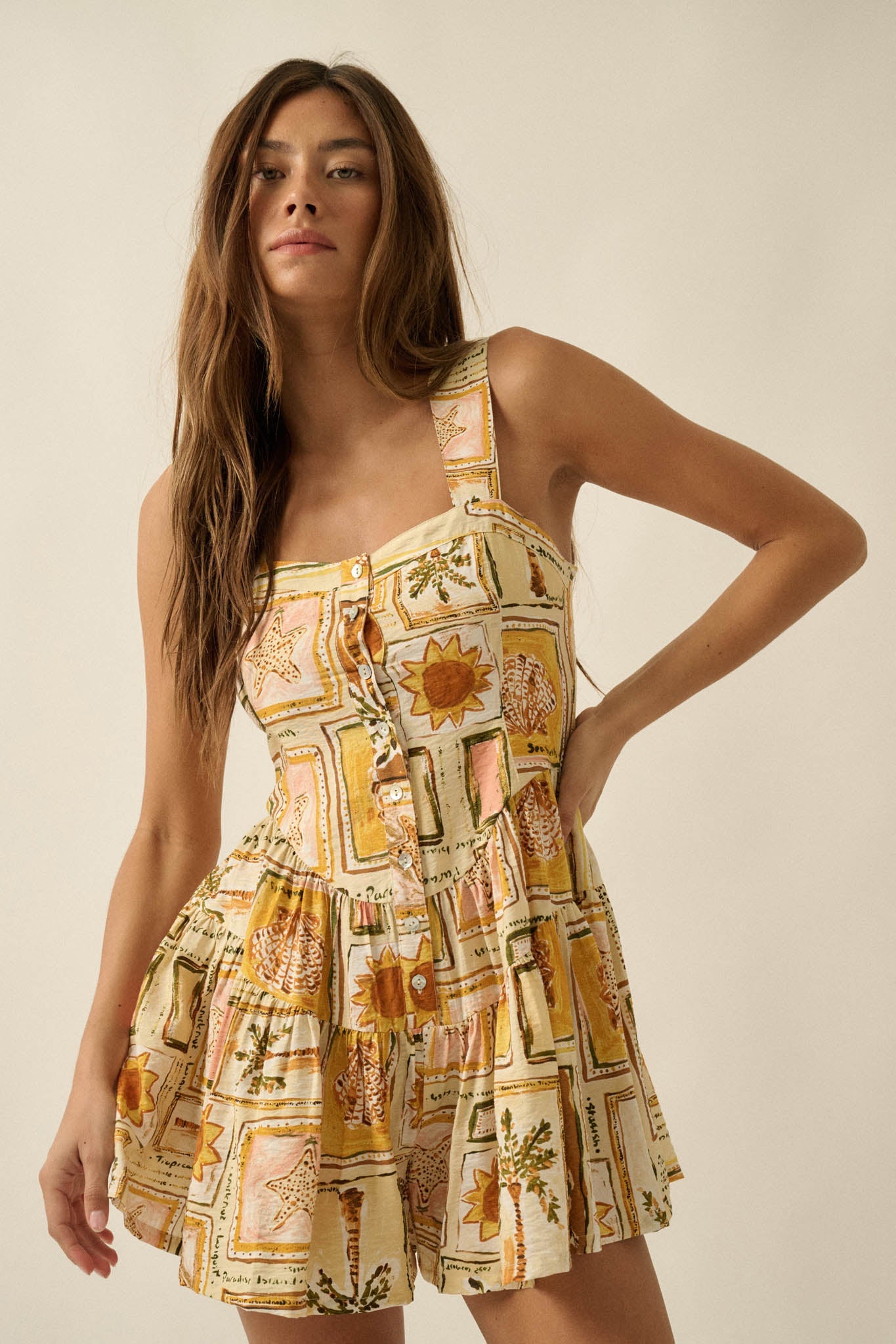 Paradise Bound Tropical-Print Tiered Ruffle Romper