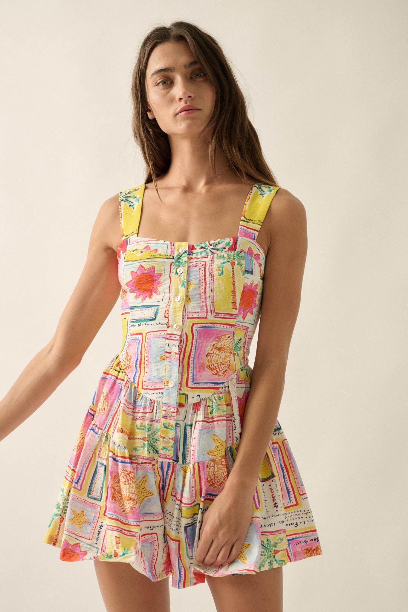 Paradise Bound Tropical-Print Tiered Ruffle Romper
