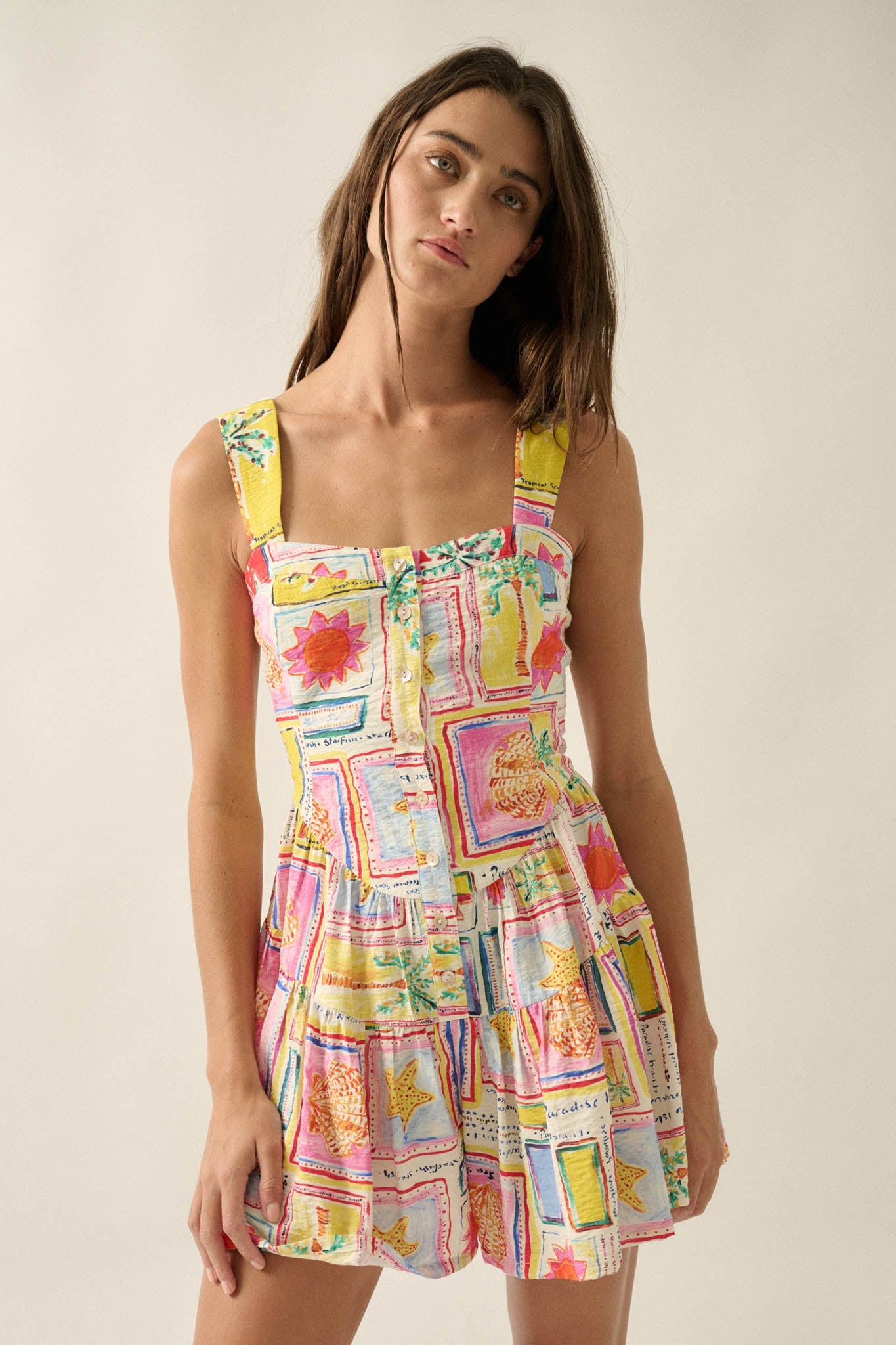 Paradise Bound Tropical-Print Tiered Ruffle Romper