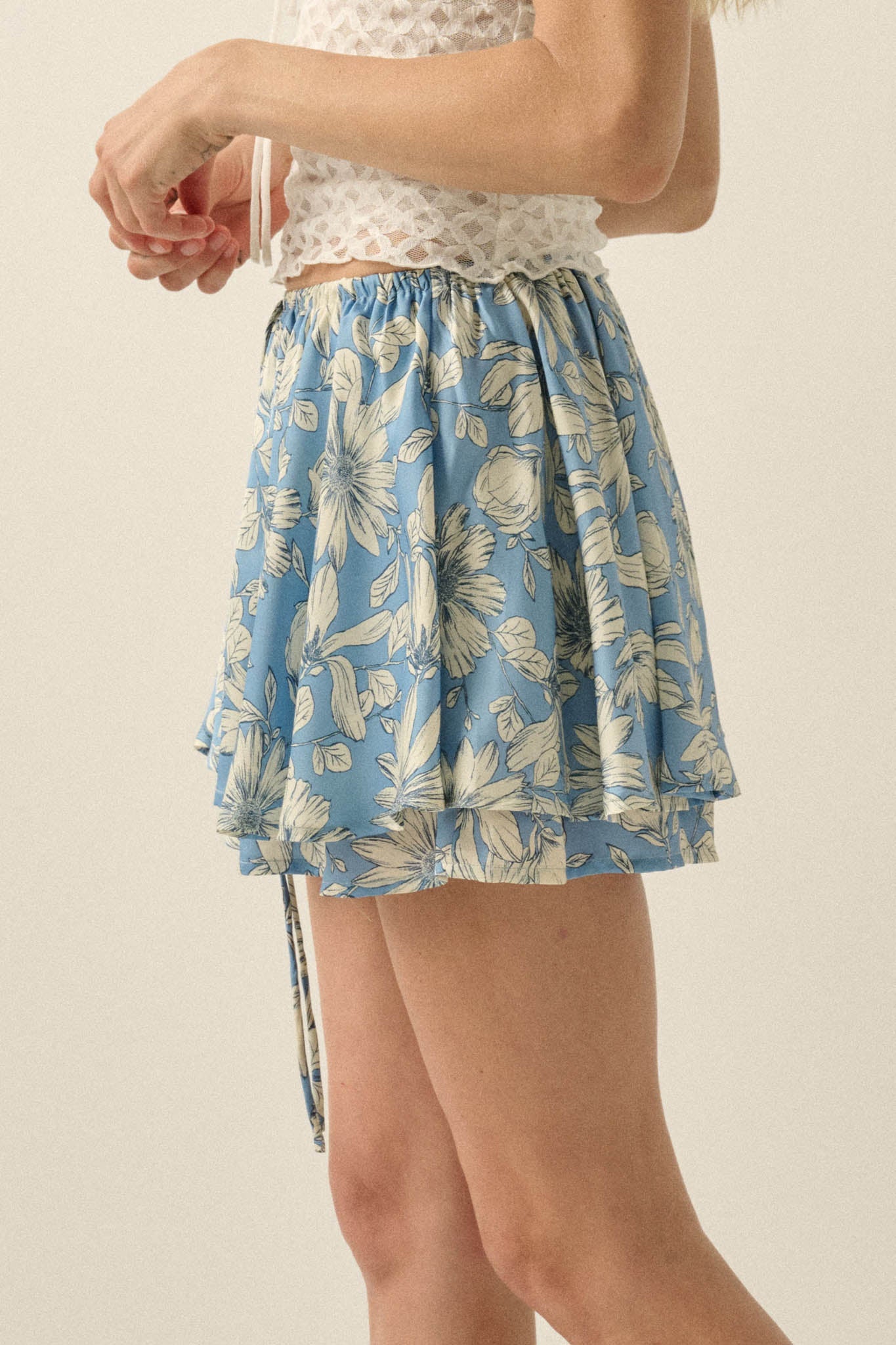 Dancing Daisies Floral Satin Drawstring Mini Skort