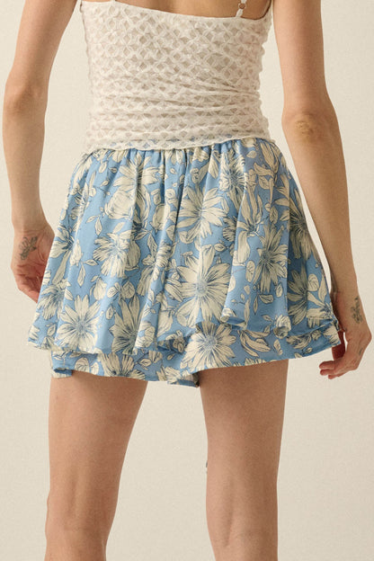 Dancing Daisies Floral Satin Drawstring Mini Skort