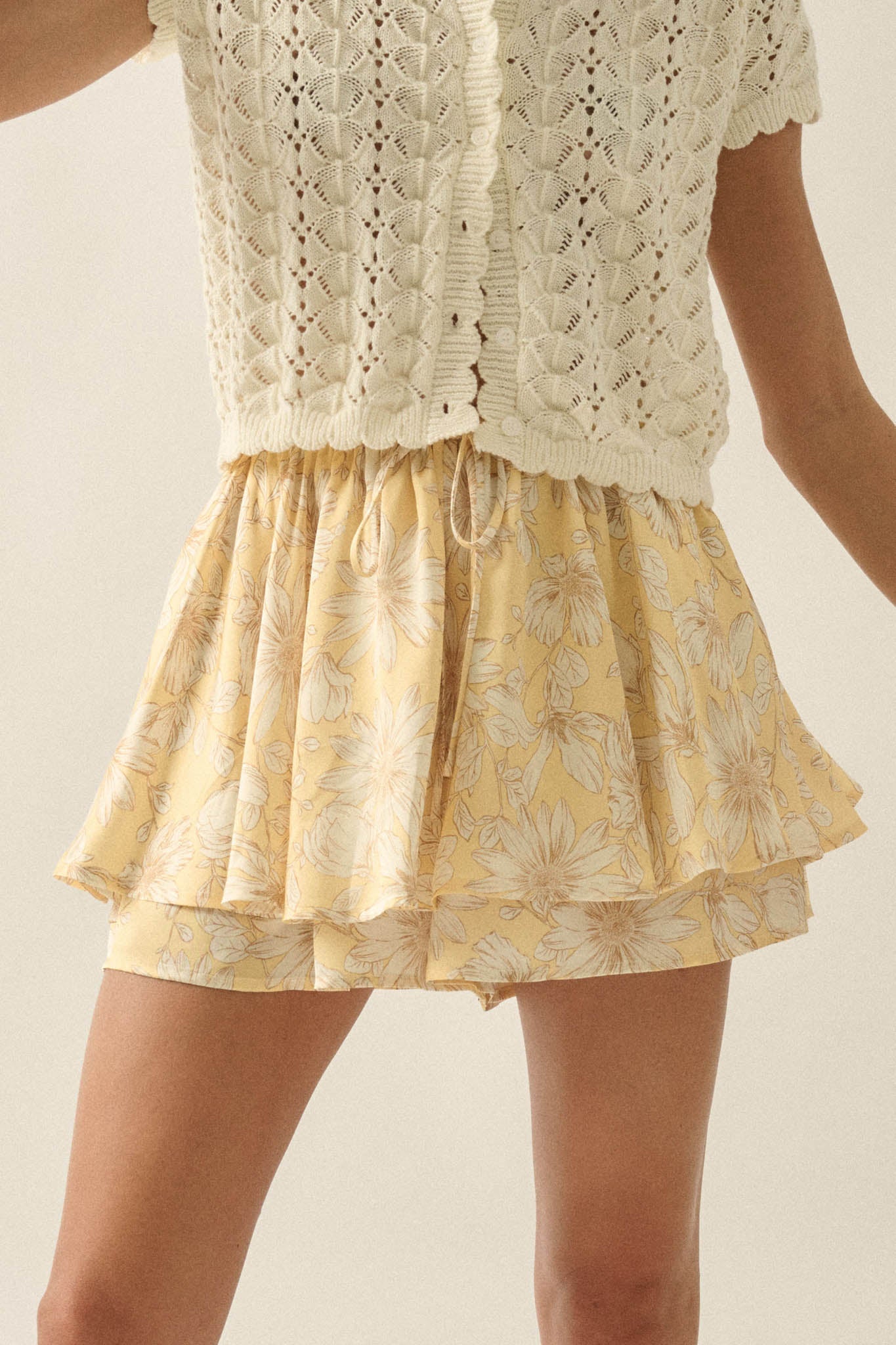 Dancing Daisies Floral Satin Drawstring Mini Skort
