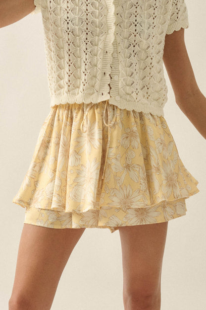 Dancing Daisies Floral Satin Drawstring Mini Skort