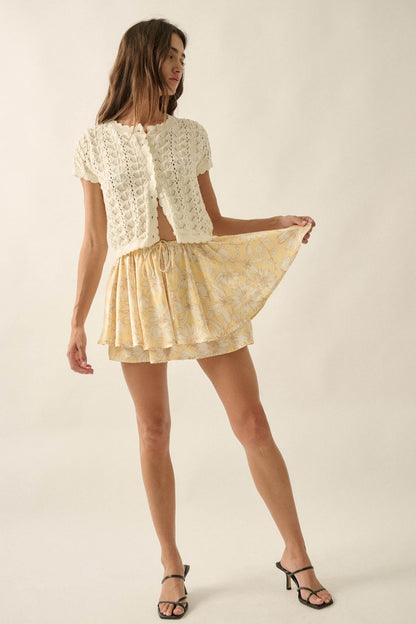Dancing Daisies Floral Satin Drawstring Mini Skort