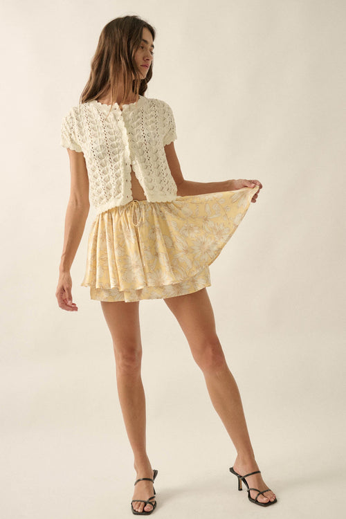 Dancing Daisies Floral Satin Drawstring Mini Skort