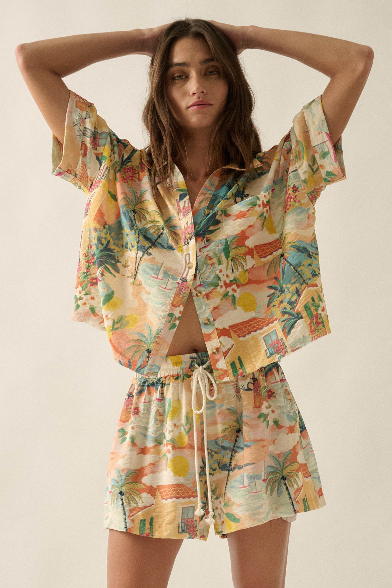 Caribbean Dream Tropical-Print Drawstring Shorts