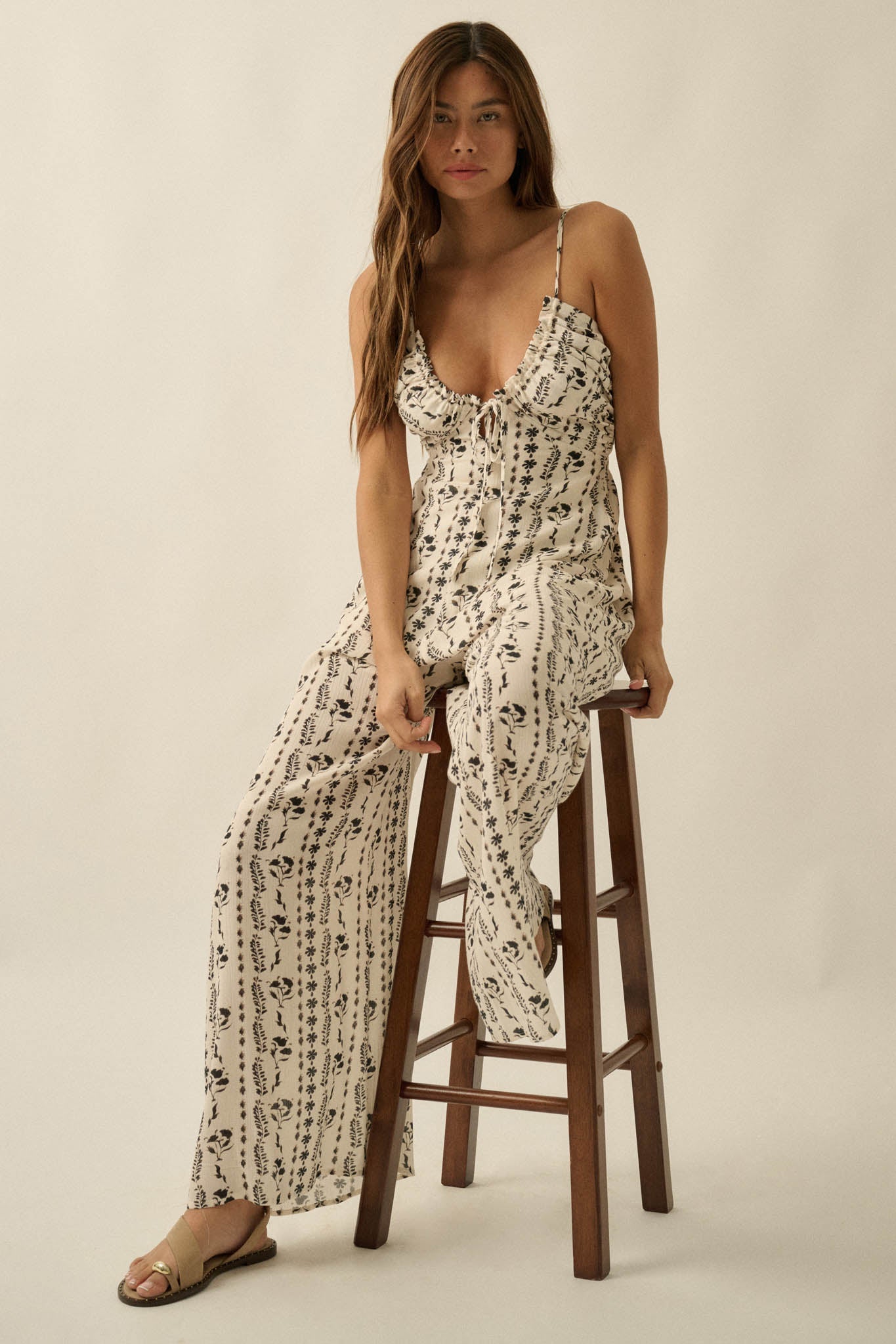 Growing Strong Floral-Stripe Crepe Halter Jumpsuit