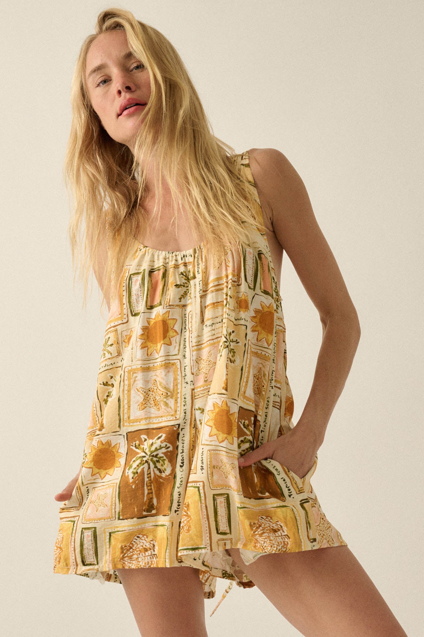 Chasing Paradise Tropical-Print Tie-Back Romper