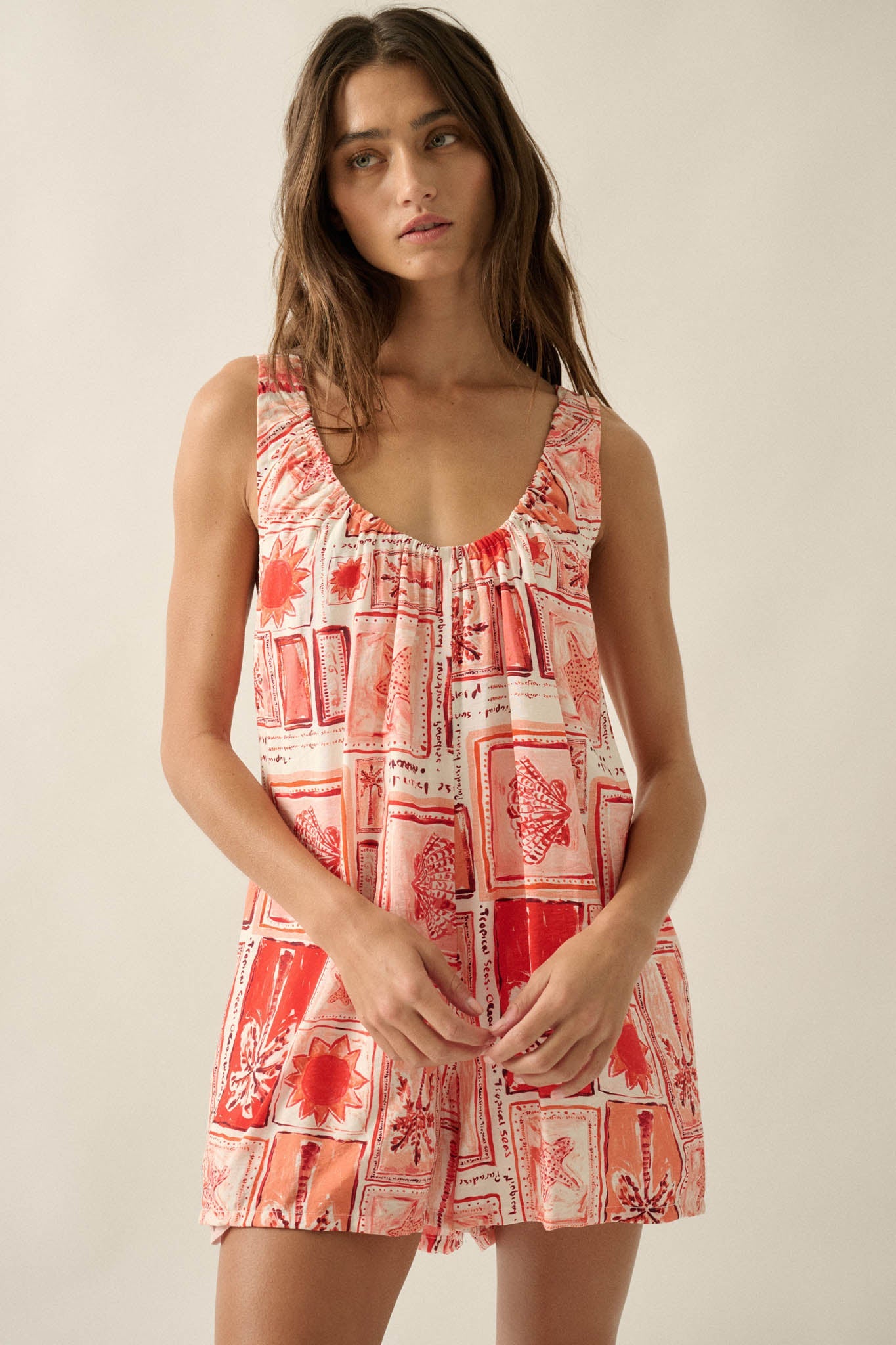 Chasing Paradise Tropical-Print Tie-Back Romper