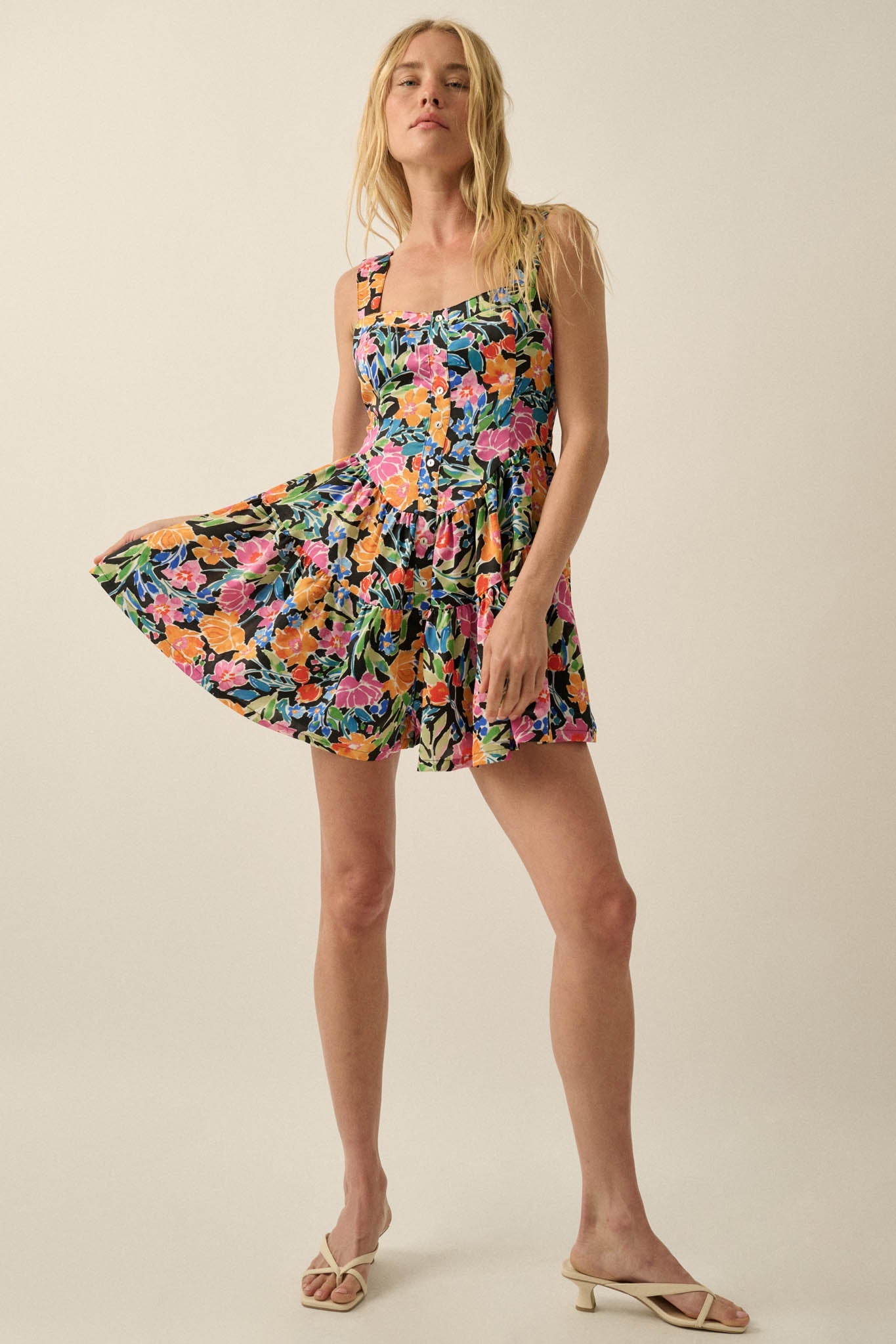 Brilliant Buds Floral Satin Tiered Ruffle Romper